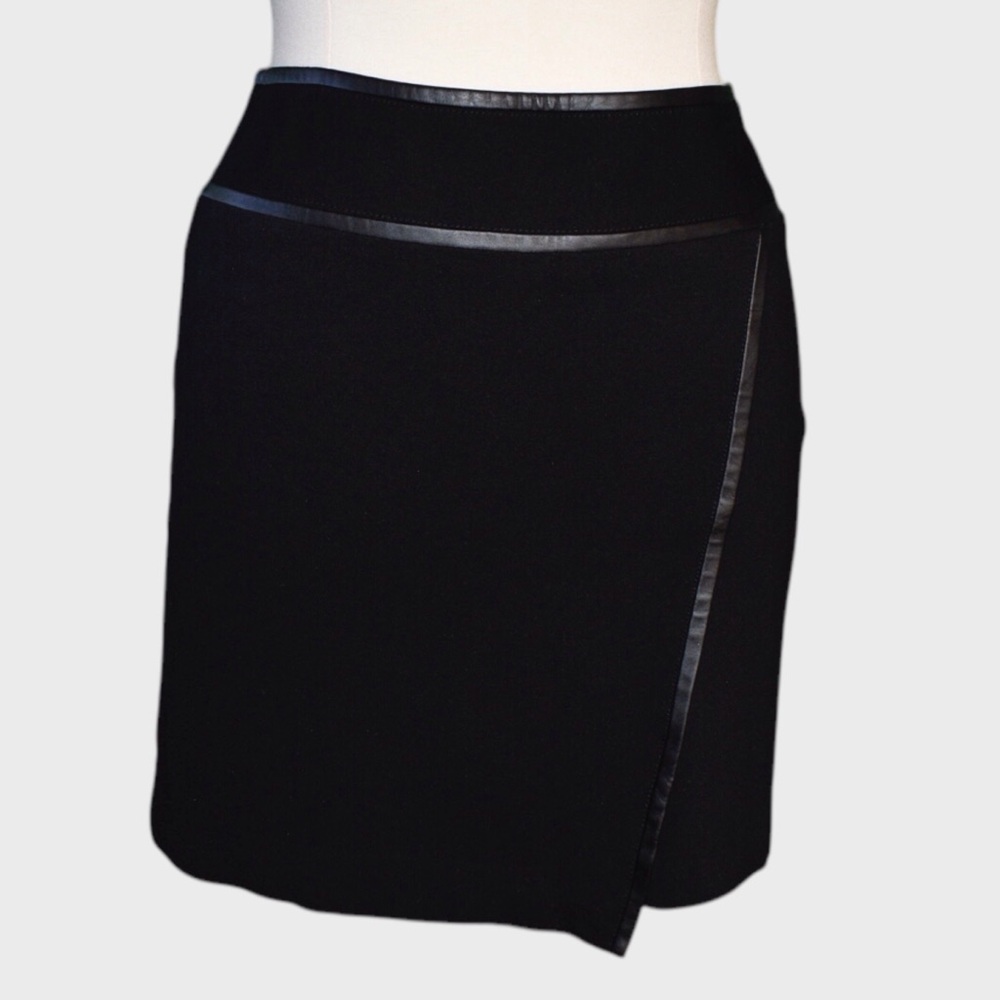 White House Black Market Black Faux Leather Trim Wrap Skirt